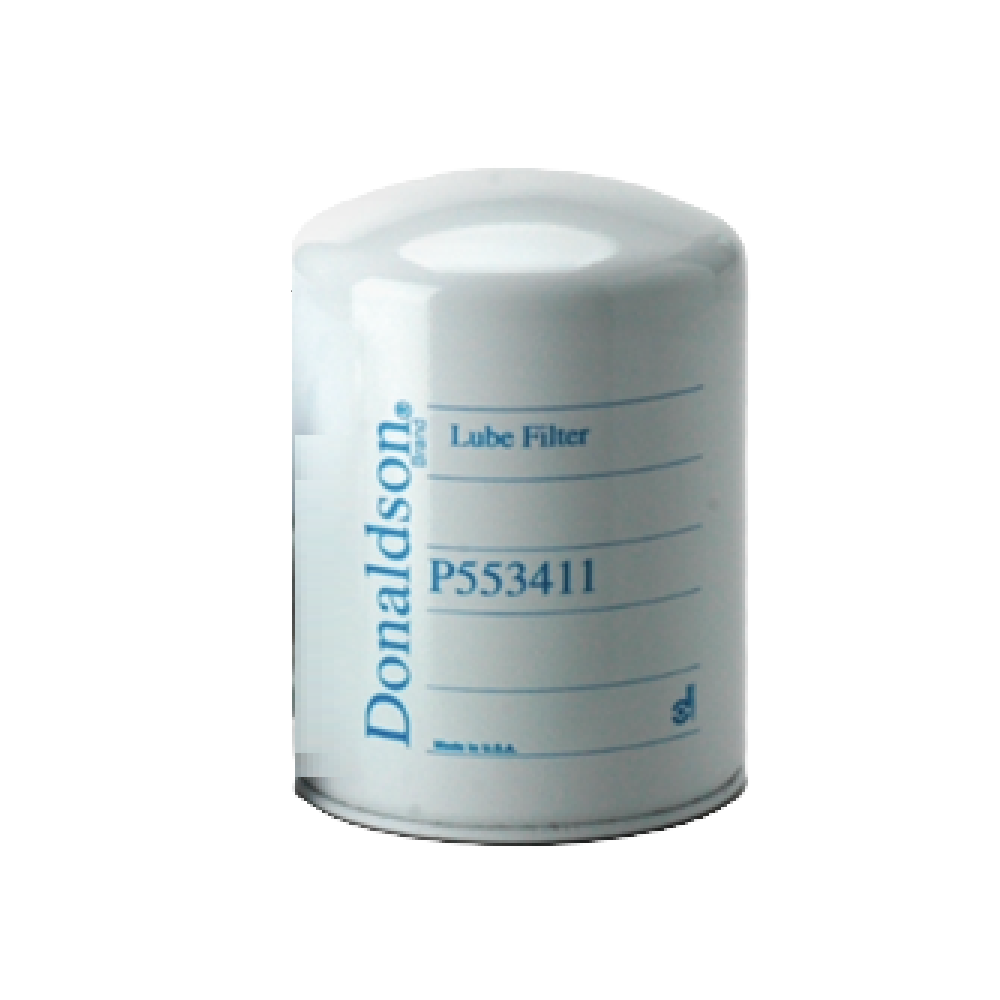 Donaldson P553411 oil filter, white cylindrical filter with blue Donaldson logo