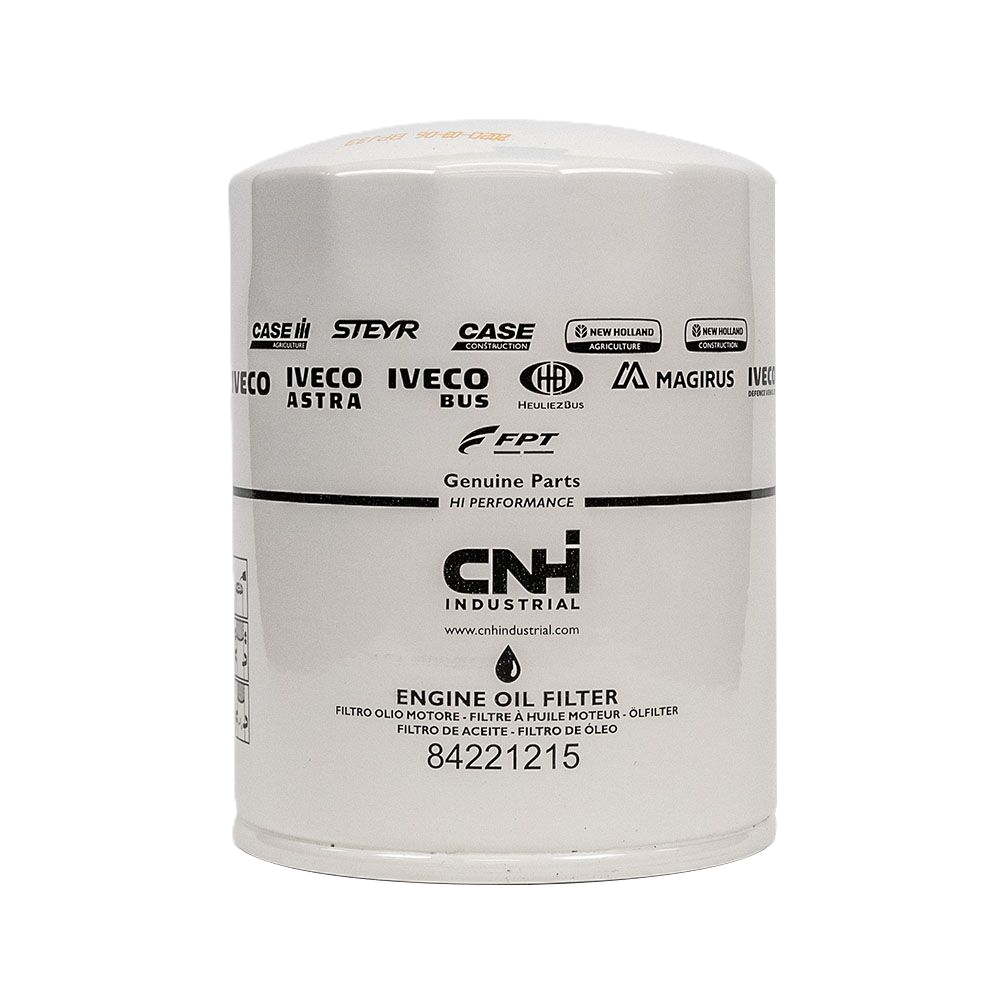 High quality CNH oil filter part number 84221215, white cylindrical filter with black markings