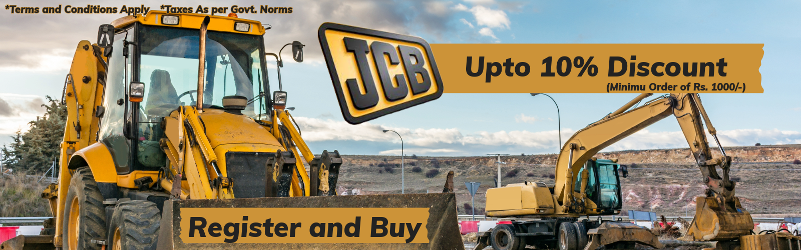 JCB Upto 10% Discount web banner with Register and Buy Now invite