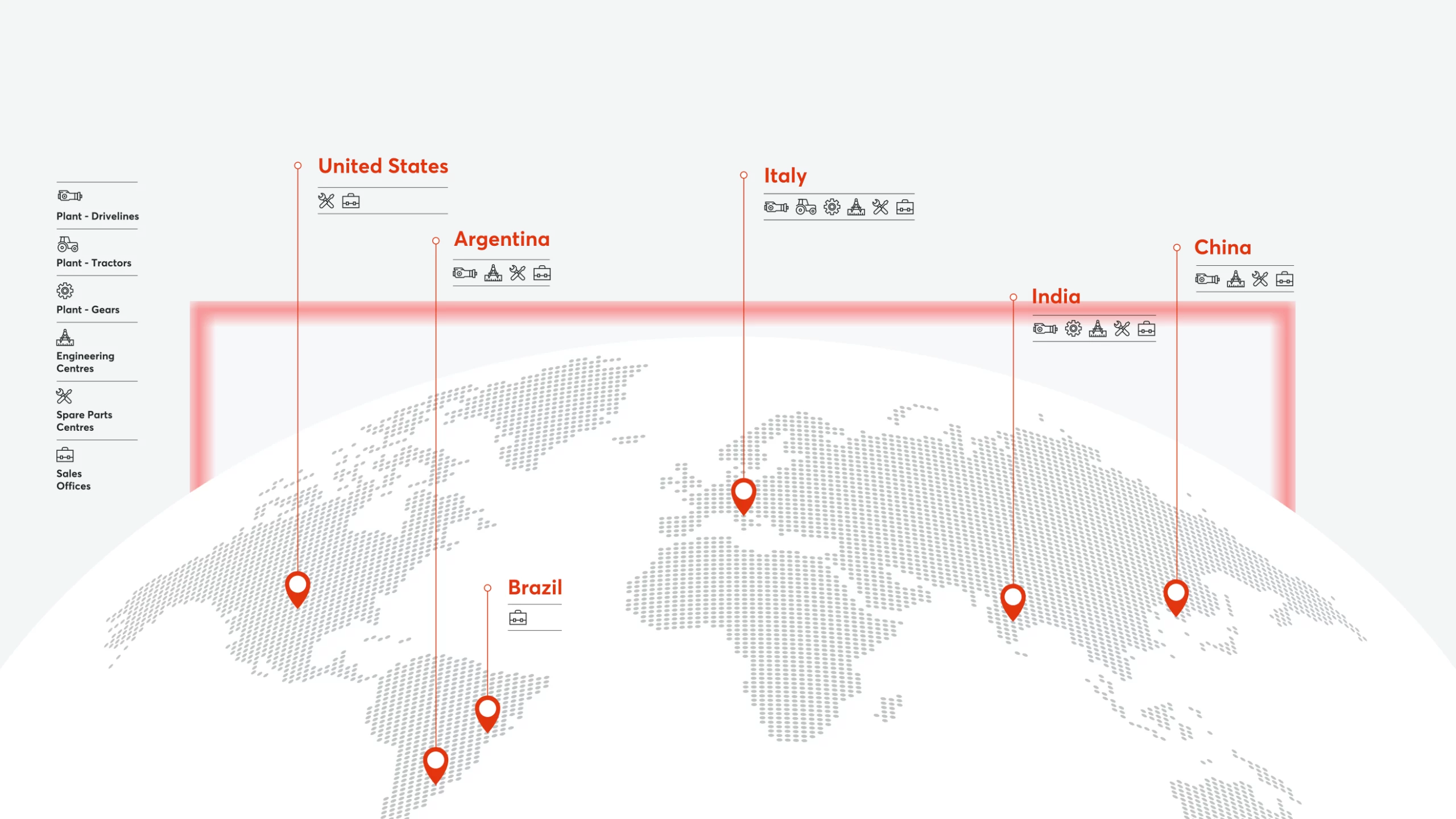 World map showcasing Carraro's global presence in axle and transmission solutions, available at SafeSparesOnline.